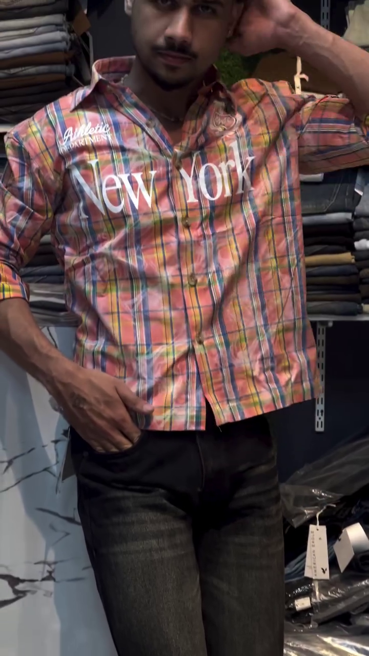 🧡💙  Men’s Multicolor Pink Orange Blue Plaid Button-Front Casual Shirt with Bold Front Typography and Fold-Up Sleeve Styling