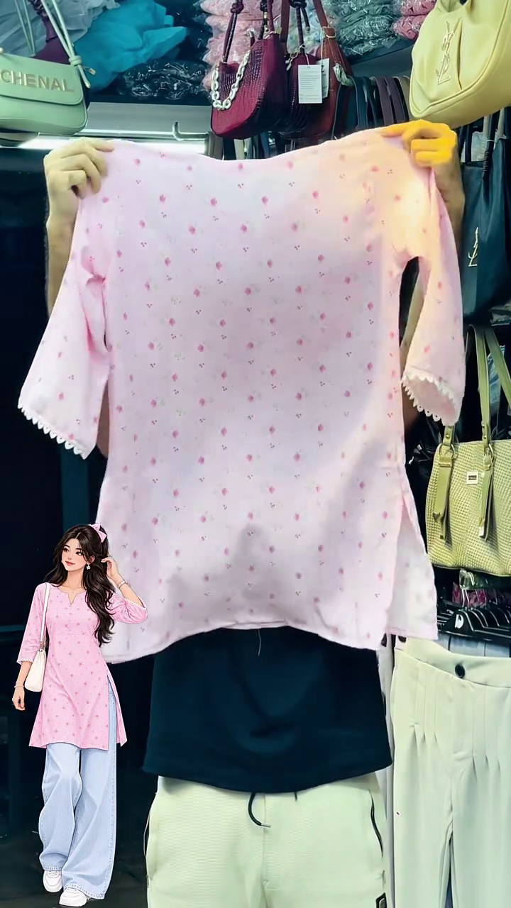 🌸  Women’s Soft Pink Floral Printed Relaxed-Fit V-Neck Long-Sleeve Casual Tunic Top with Decorative Scalloped Sleeve Edges