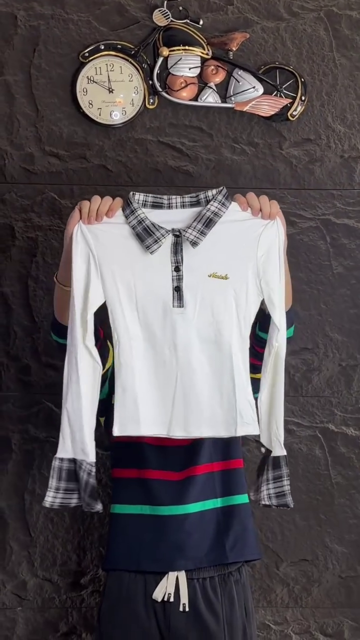 Women’s Chic White Contemporary Co-Ord Set with Long-Sleeve Plaid-Trim Top, Contrast Checkered Collar & Cuffs, Matching Wide-Leg Trousers and Stylish Panel Detailing 🤍🖤✨