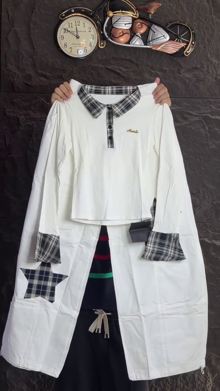 Women’s Chic White Contemporary Co-Ord Set with Long-Sleeve Plaid-Trim Top, Contrast Checkered Collar & Cuffs, Matching Wide-Leg Trousers and Stylish Panel Detailing 🤍🖤✨