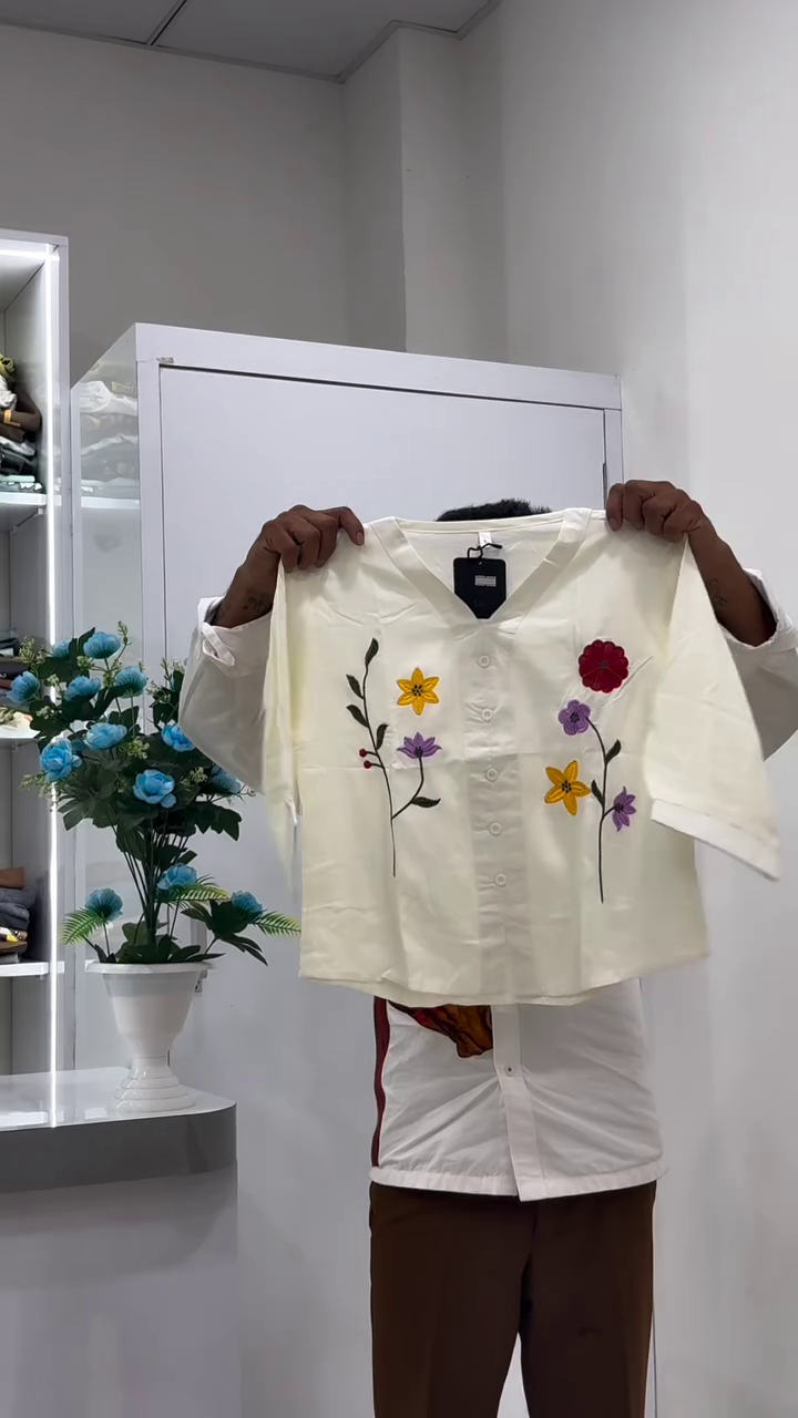 Women’s Elegant Cream White Floral Embroidered V-Neck Button-Front Relaxed Blouse with Colorful Botanical Motifs, Short Sleeves & Soft Everyday Silhouette 🌼💜🌿