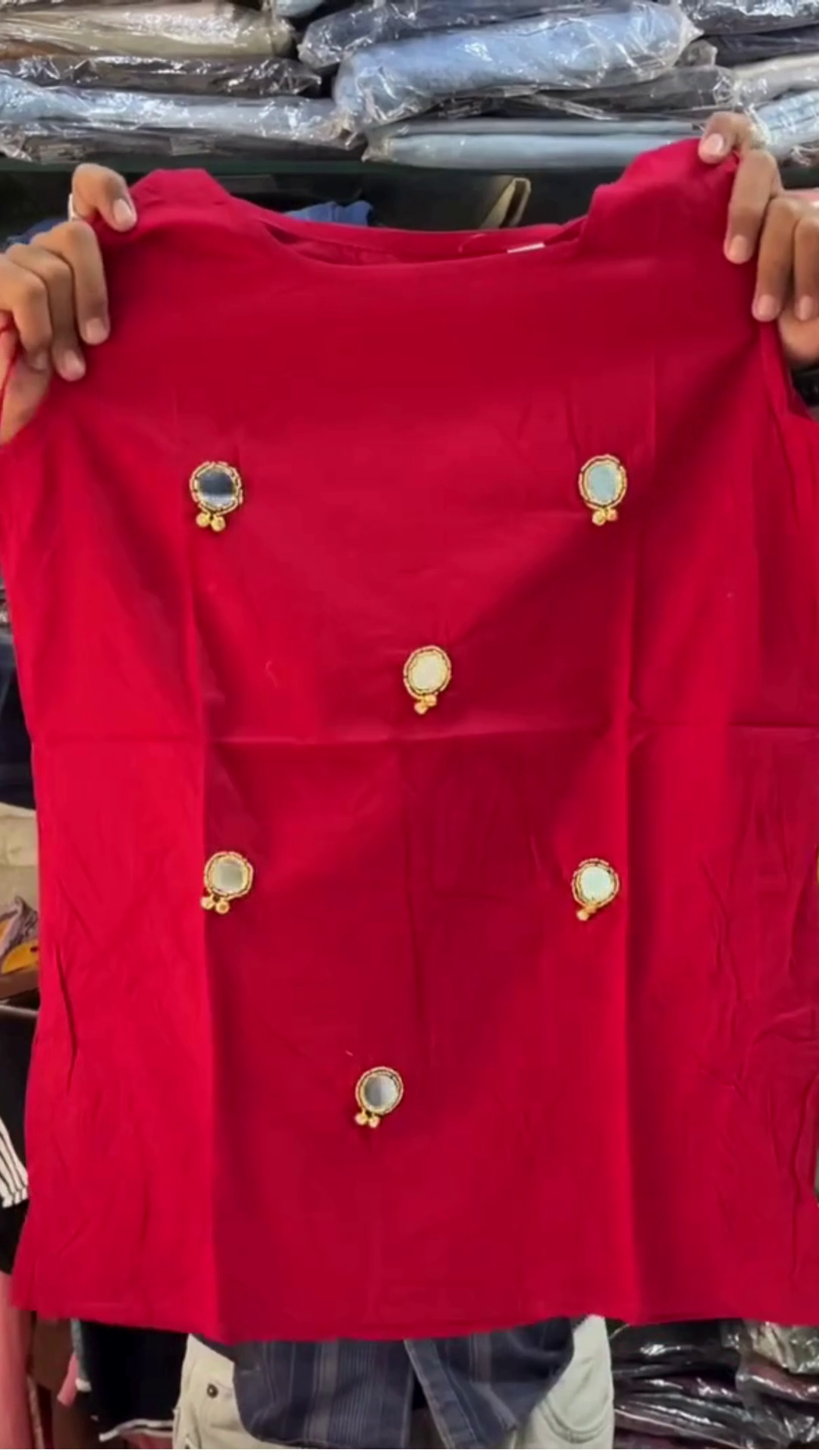 Premium Rich Red Long-Sleeve Women’s Ethnic Dress with Elegant Round Neckline, Decorative Gold-Tone Motif Buttons & Sophisticated Straight Silhouette for Festive and Celebration Wear ❤️👗✨