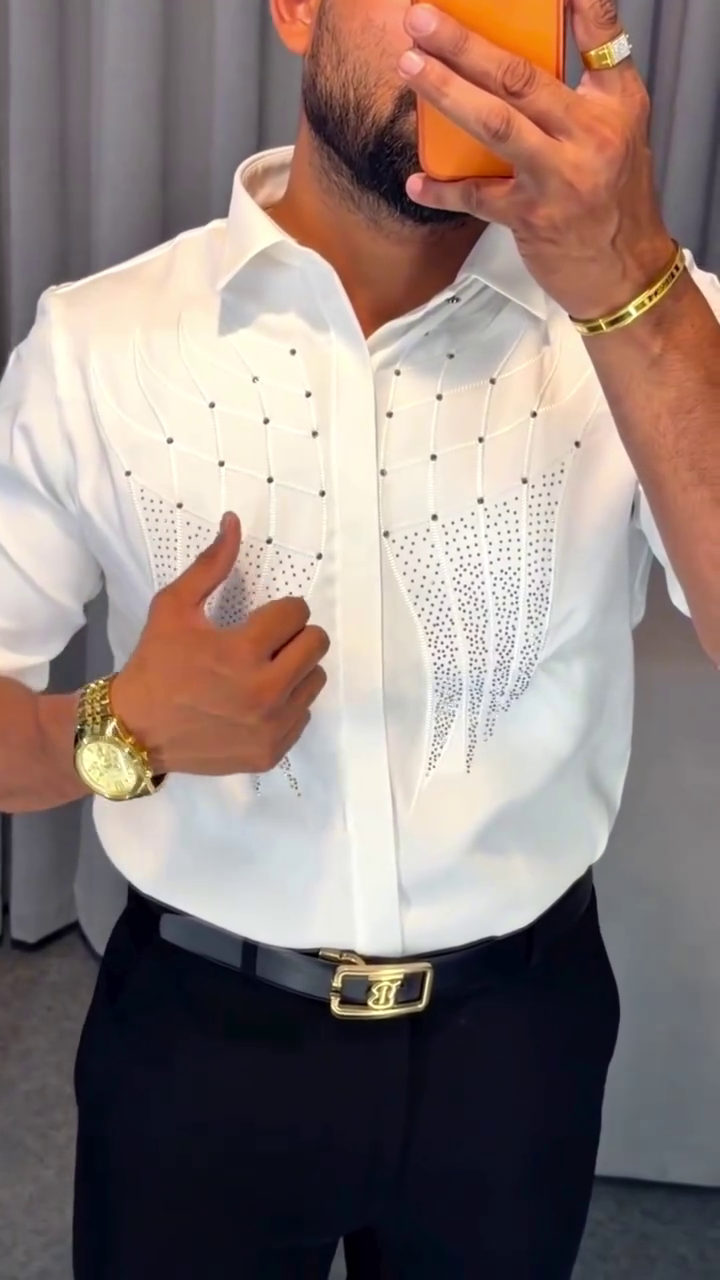 Premium Black Embroidered Formal Shirt with Intricate Geometric Stitch Detailing, Elegant Button-Down Collar, Subtle Sparkle Accents & Coordinated Beige Straight-Fit Trousers for Sophisticated Occasion Wear 🖤🤎✨