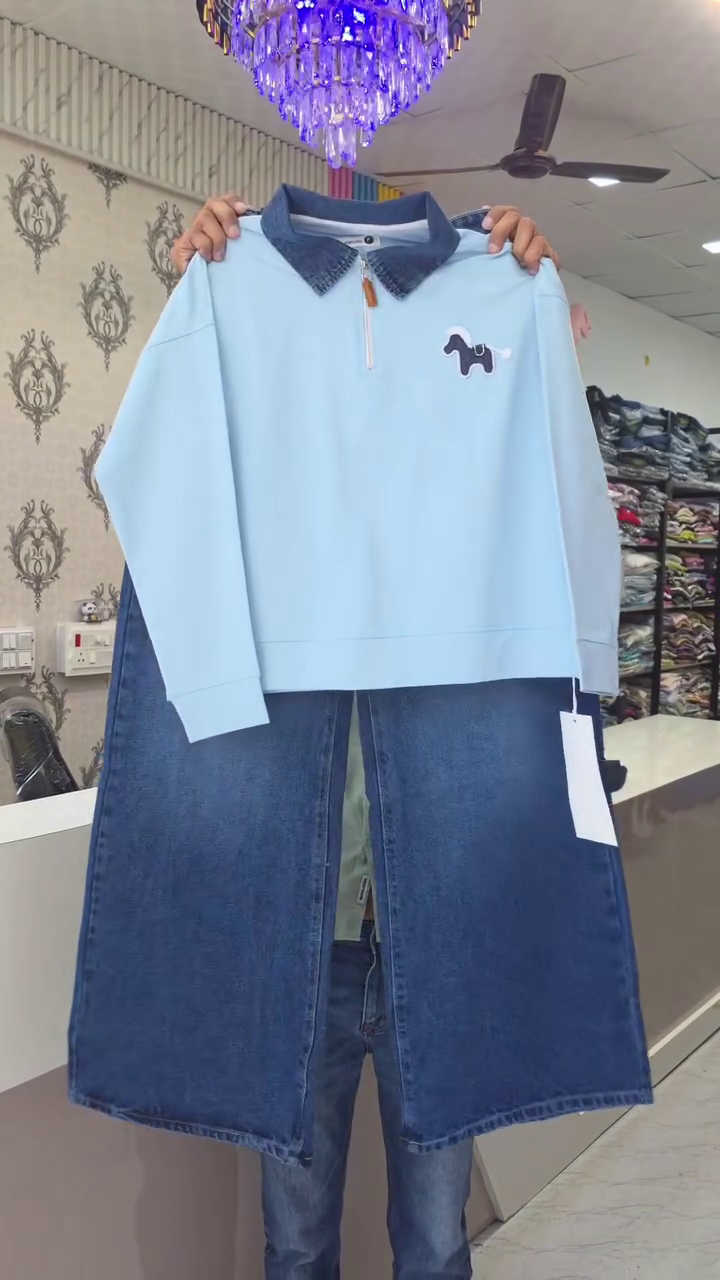 🤍💙 Premium Denim Collar Sweatshirt & Matching Bermuda Shorts Set 👖✨