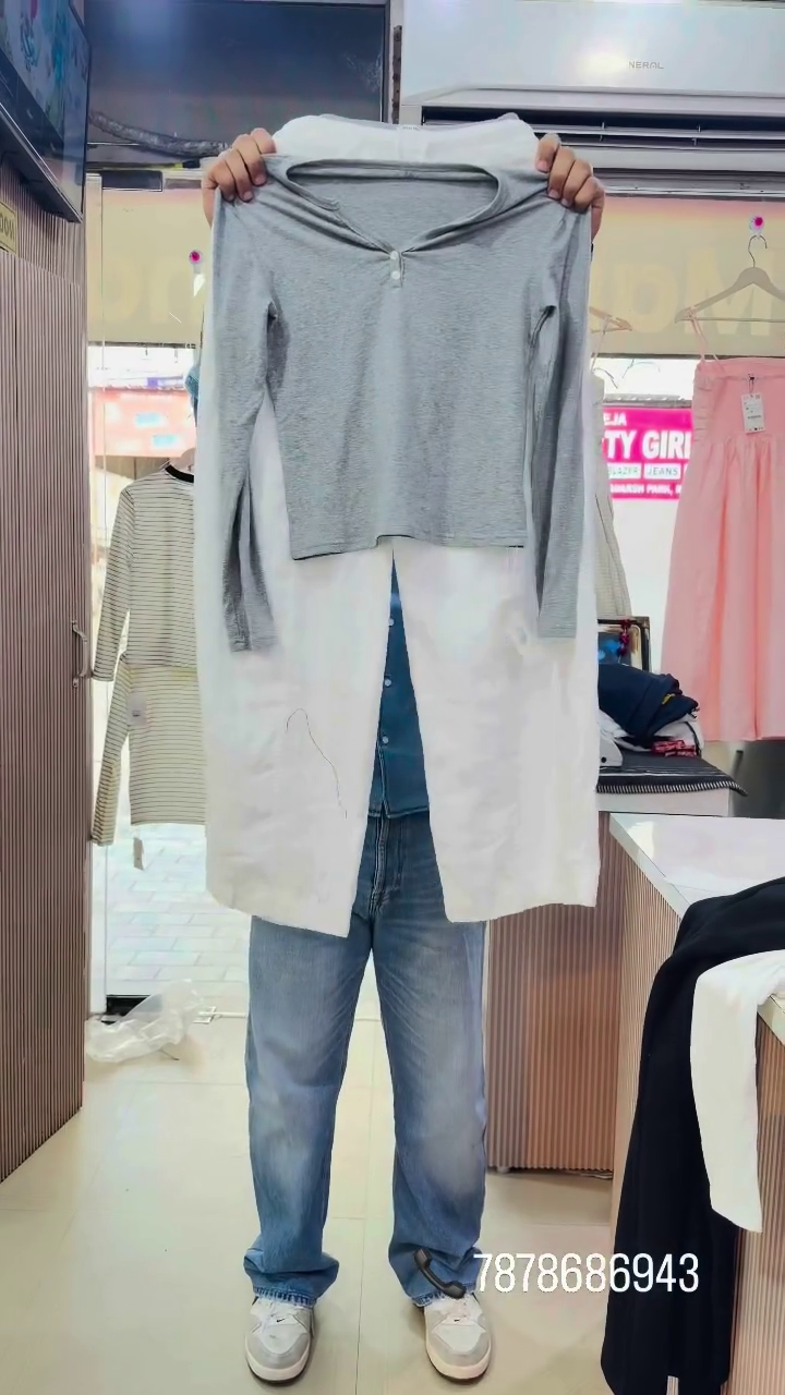 Women’s Modern Grey Long-Sleeve Top with Elegant V-Neck Detail, Flowing White Layered Overlay & Coordinated Casual Fashion Bottom Set for Chic Everyday Styling 🤍🩶✨