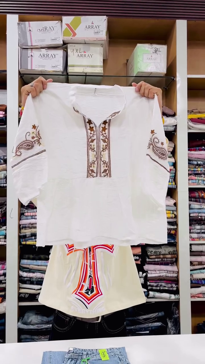 Stylish Boys’ Traditional White Embroidered Kurta with Decorative Front Panel, Coordinated Comfortable Printed Shorts & Smart Ethnic Two-Piece Festive Outfit 🤍✨👦