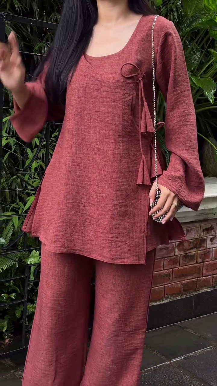 Women’s Elegant Rust Maroon Relaxed Co-Ord Set with Stylish Side Ti