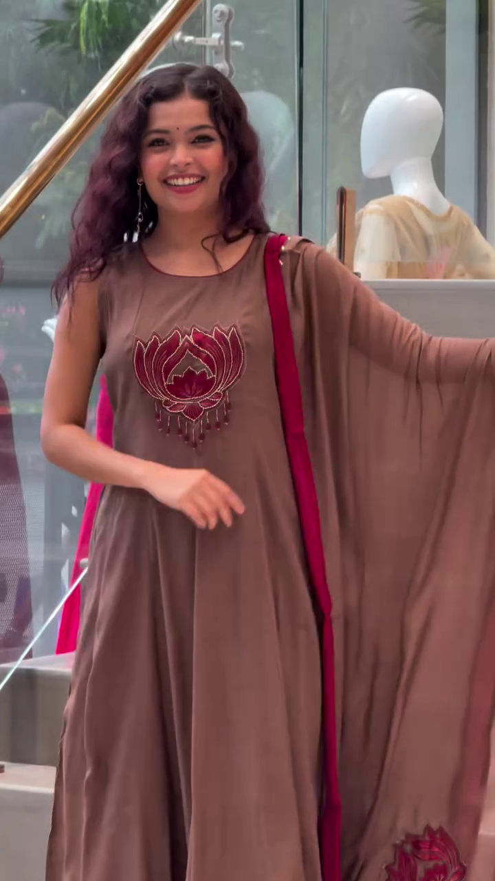 Women’s Elegant Taupe Ethnic Kurta with Intricate Pink Lotus Embroidery, Coordinated Matching Dupatta & Traditional Bottom for Graceful Festive and Occasion Wear 🌺💗✨