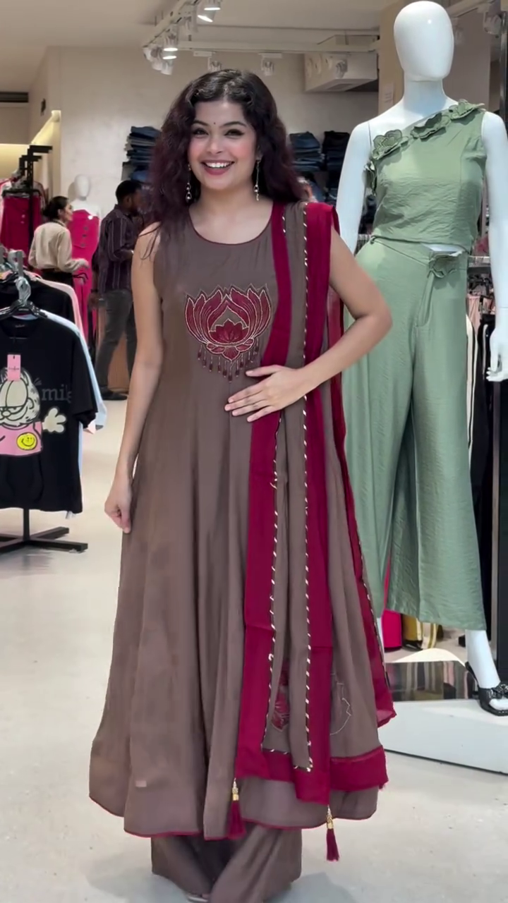 Women’s Elegant Taupe Ethnic Kurta with Intricate Pink Lotus Embroidery, Coordinated Matching Dupatta & Traditional Bottom for Graceful Festive and Occasion Wear 🌺💗✨