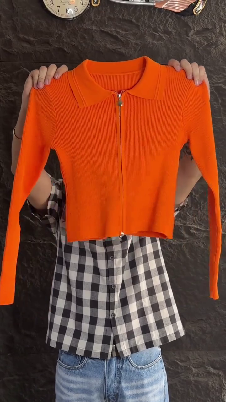 Women’s Trendy Bright Orange Ribbed Full-Sleeve Collared Zip-Up Top with Contemporary Fitted Silhouette, Layered White Outer Panel & Stylish Casual Fashion Ensemble 🧡✨👗