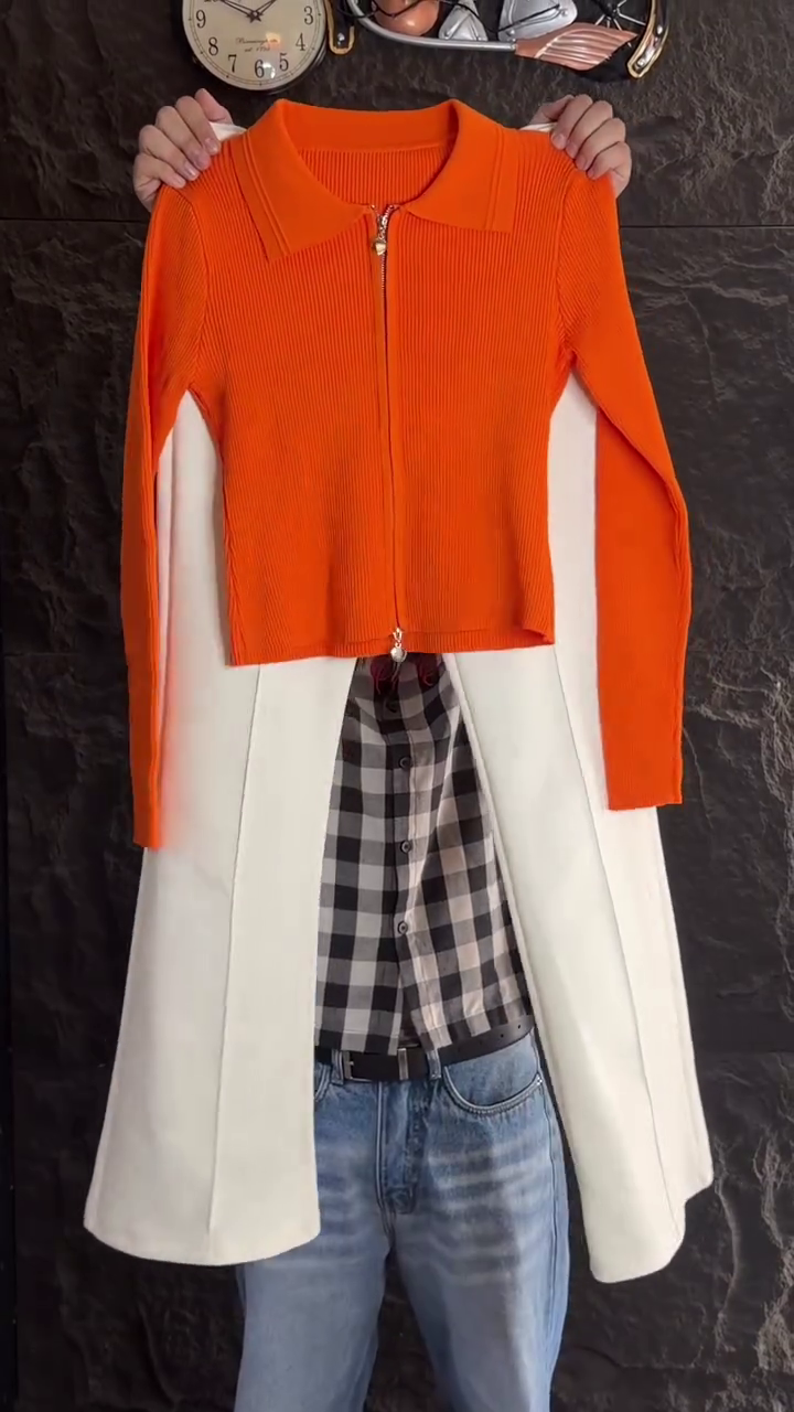 Women’s Trendy Bright Orange Ribbed Full-Sleeve Collared Zip-Up Top with Contemporary Fitted Silhouette, Layered White Outer Panel & Stylish Casual Fashion Ensemble 🧡✨👗