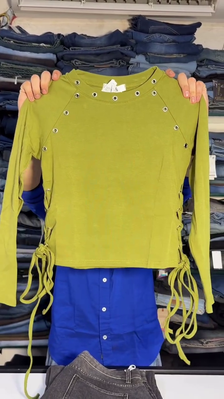 Olive-Green Long-Sleeve Top With Metal Grommets And Side Lace-Up Ties 🫒✨🧵