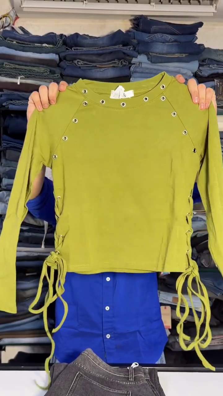 Olive-Green Long-Sleeve Top With Metal Grommets And Side Lace-Up Ties 🫒✨🧵