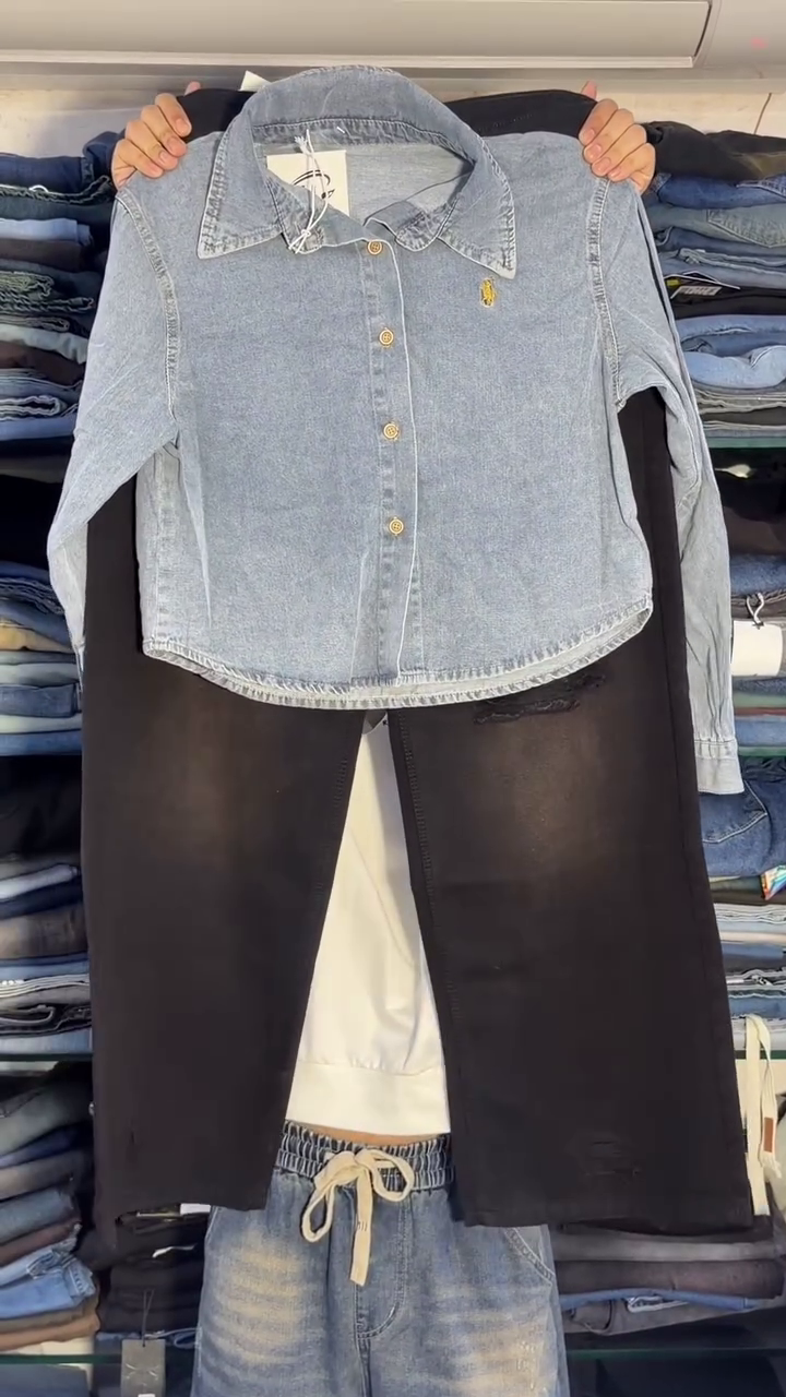 Light Blue Denim Button-Down Shirt Paired With Distressed Dark Wide-Leg Jeans 🩵👖✨