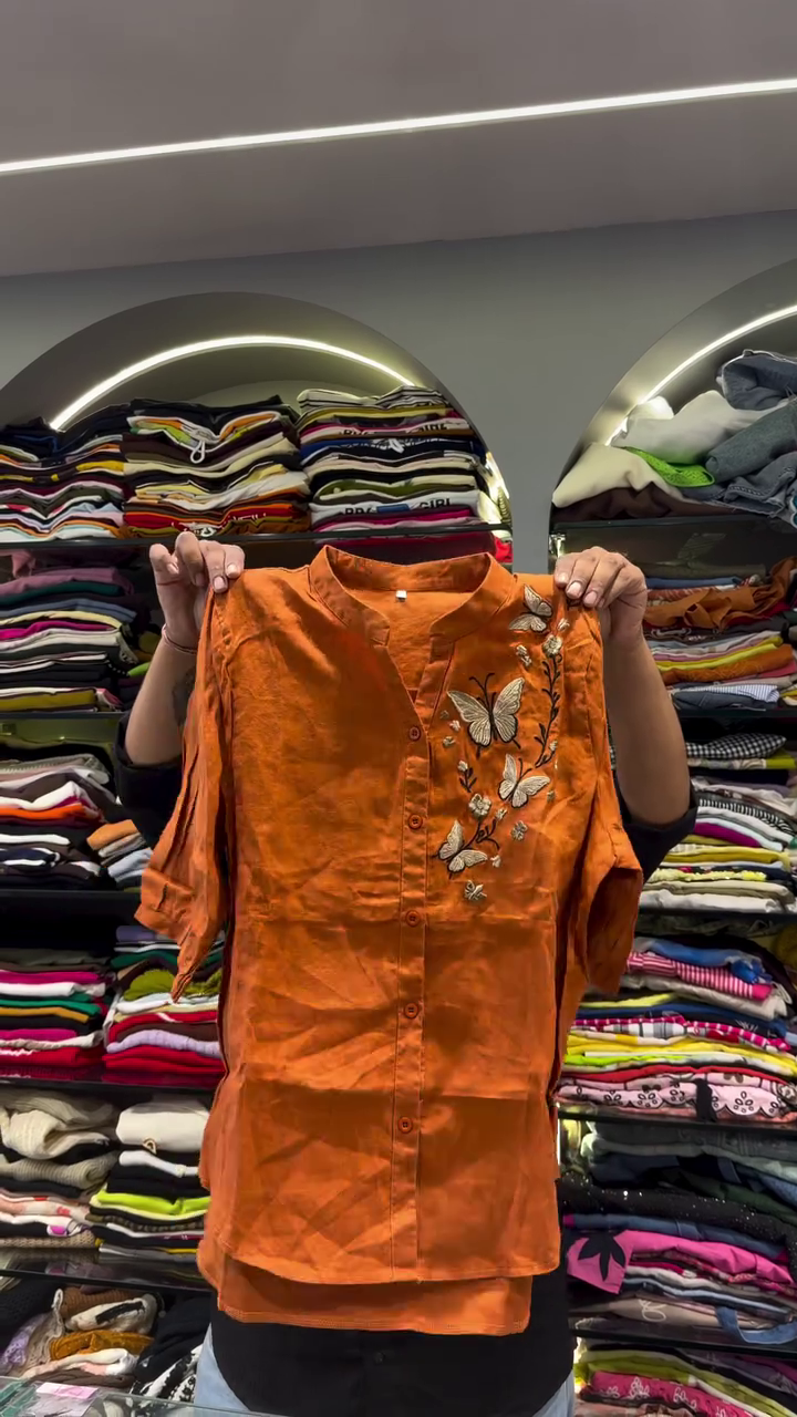 Vibrant Orange-Brown Linen Shirt With Intricate Butterfly Embroidery 🍊🦋✨