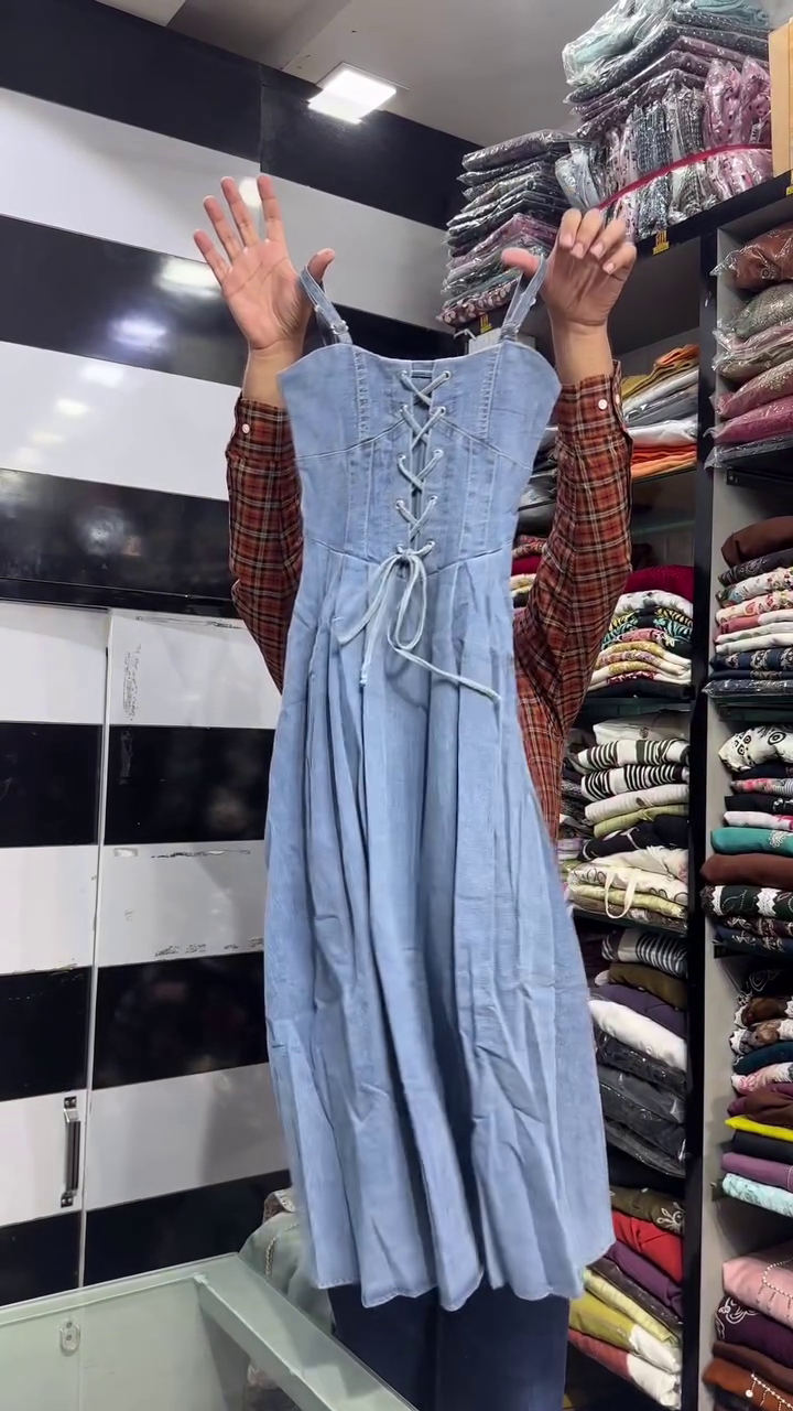 Light Blue Denim Corset-Style Midi Dress With Front Lacing And Spaghetti Straps 💙👗✨