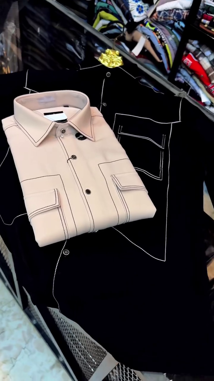 Black Long-Sleeve Collared Shirt With Contrast White Stitching And Chest Pockets 🖤🤍✨