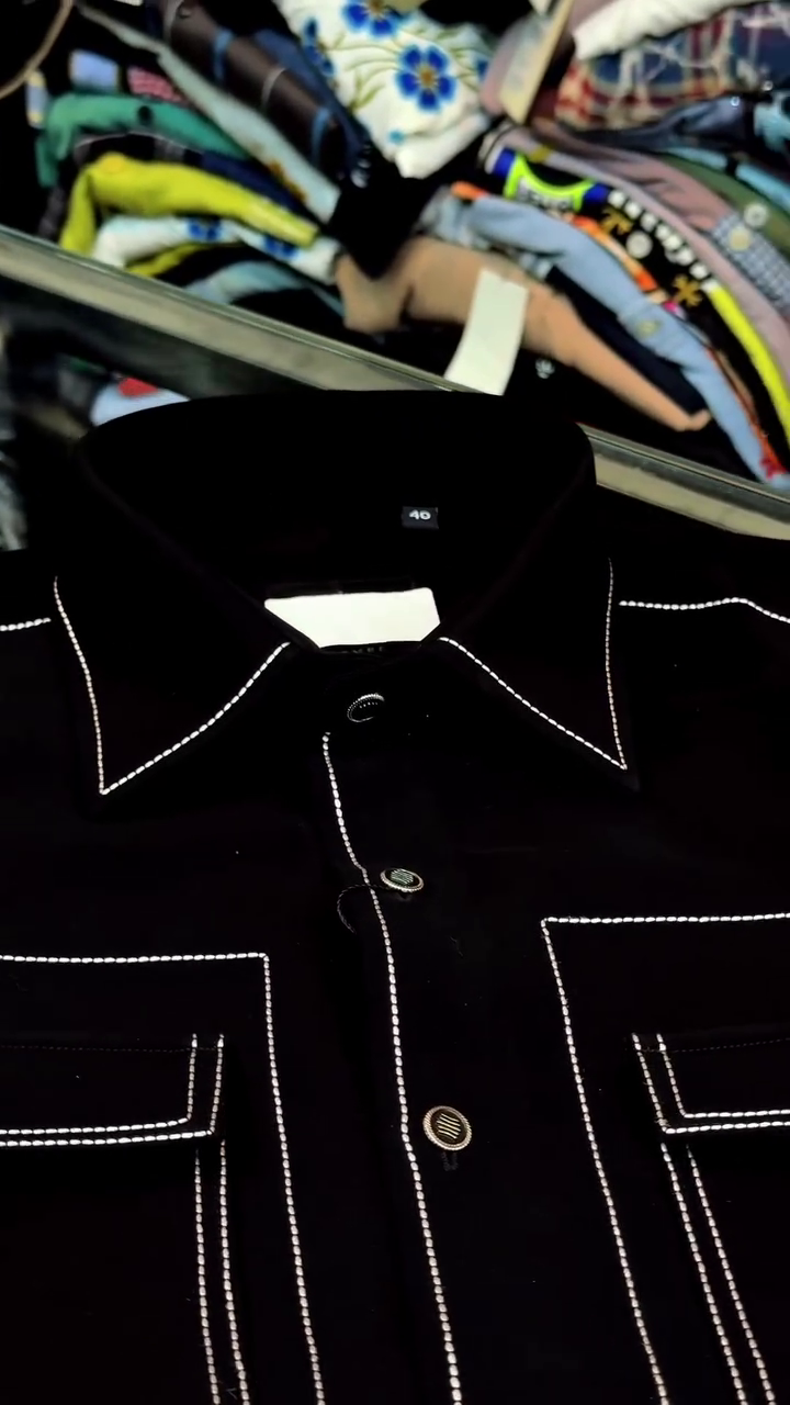 Black Long-Sleeve Collared Shirt With Contrast White Stitching And Chest Pockets 🖤🤍✨
