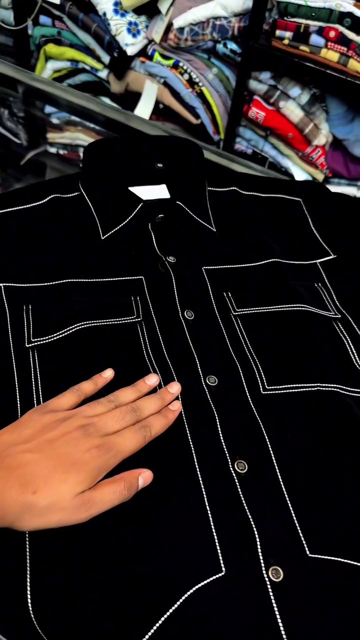 Black Long-Sleeve Collared Shirt With Contrast White Stitching And Chest Pockets 🖤🤍✨