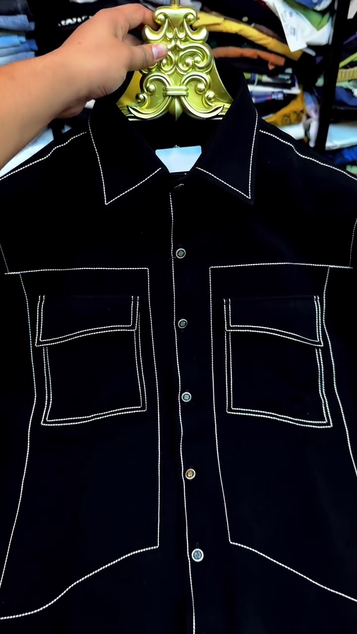 Black Long-Sleeve Collared Shirt With Contrast White Stitching And Chest Pockets 🖤🤍✨