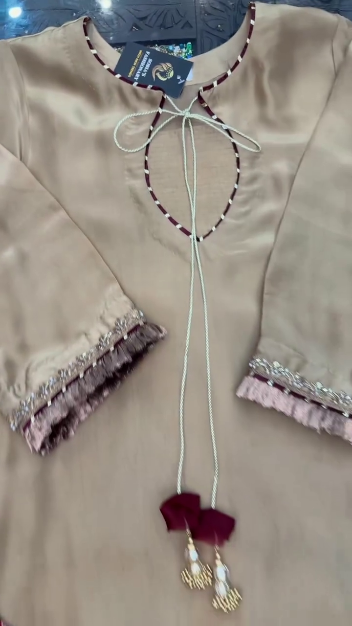 Elegant Golden-Beige Silk Kurti With Decorative Keyhole Neckline And Fringe Cuffs 🌾✨👗