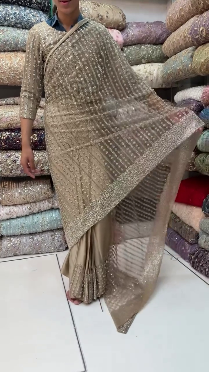 Elegant Heavy Sequin And Bead Embroidered Golden Designer Saree ✨👗🌟