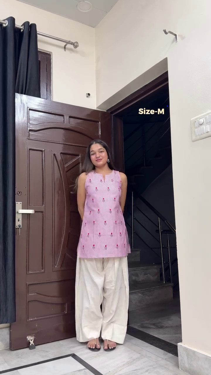 Pink Striped Kurti Paired With Cream Salwar Pants 🩷🤍✨
