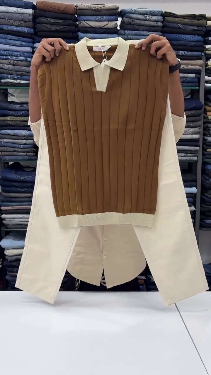 Brown Ribbed Knit Polo Sweater Vest With Cream Collar And Matching Trousers 🤎🤍👔✨