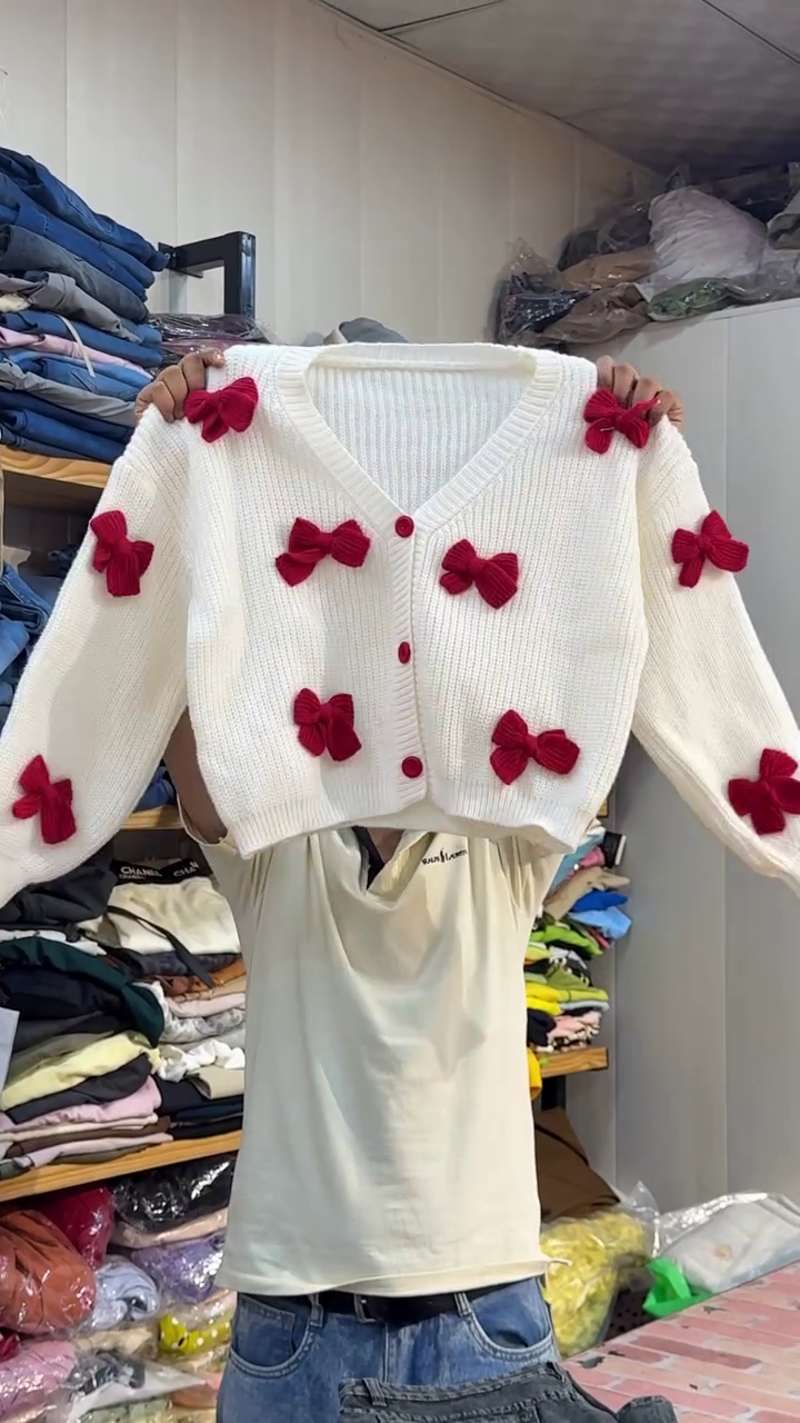 Cream-White V-Neck Cardigan With Plump Red Bow Embellishments And Black Trousers 🤍🎀👖✨