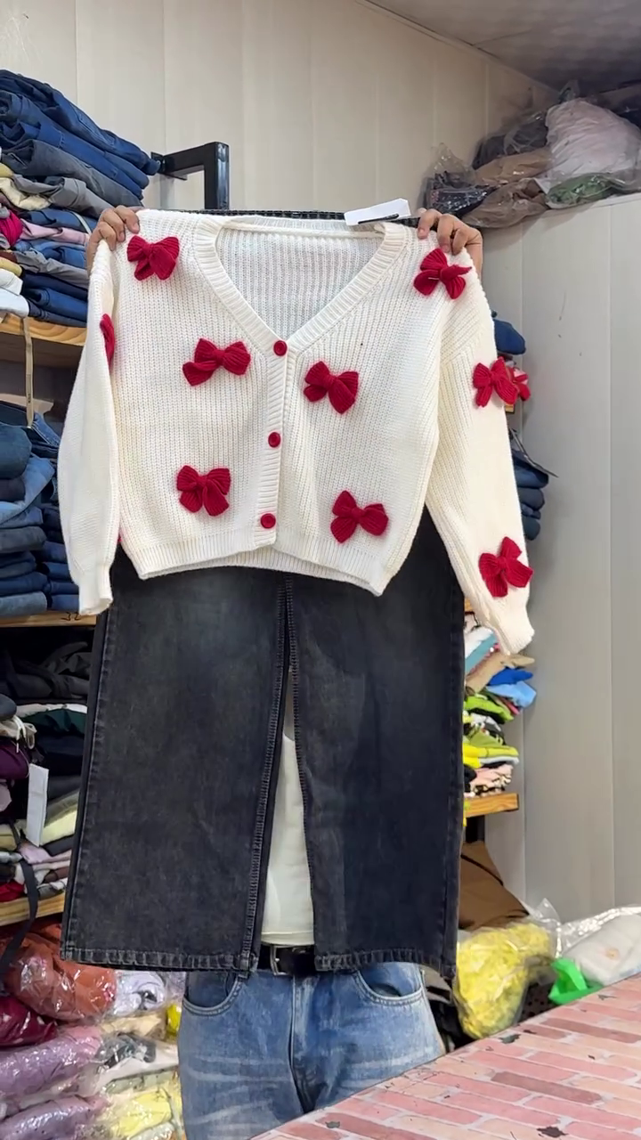 Cream-White V-Neck Cardigan With Plump Red Bow Embellishments And Black Trousers 🤍🎀👖✨