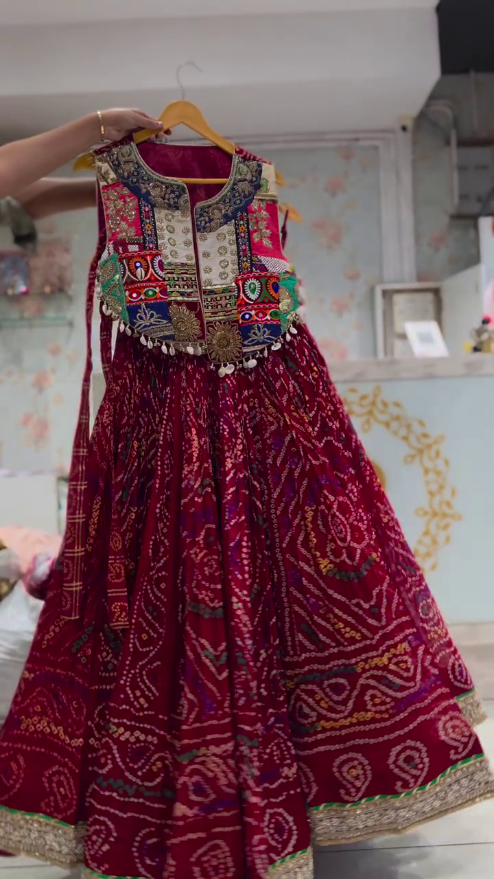 Rich Crimson-Red Bandhani Lehenga Set With Multi-Colored Patchwork Jacket 🍷🔴✨🥻