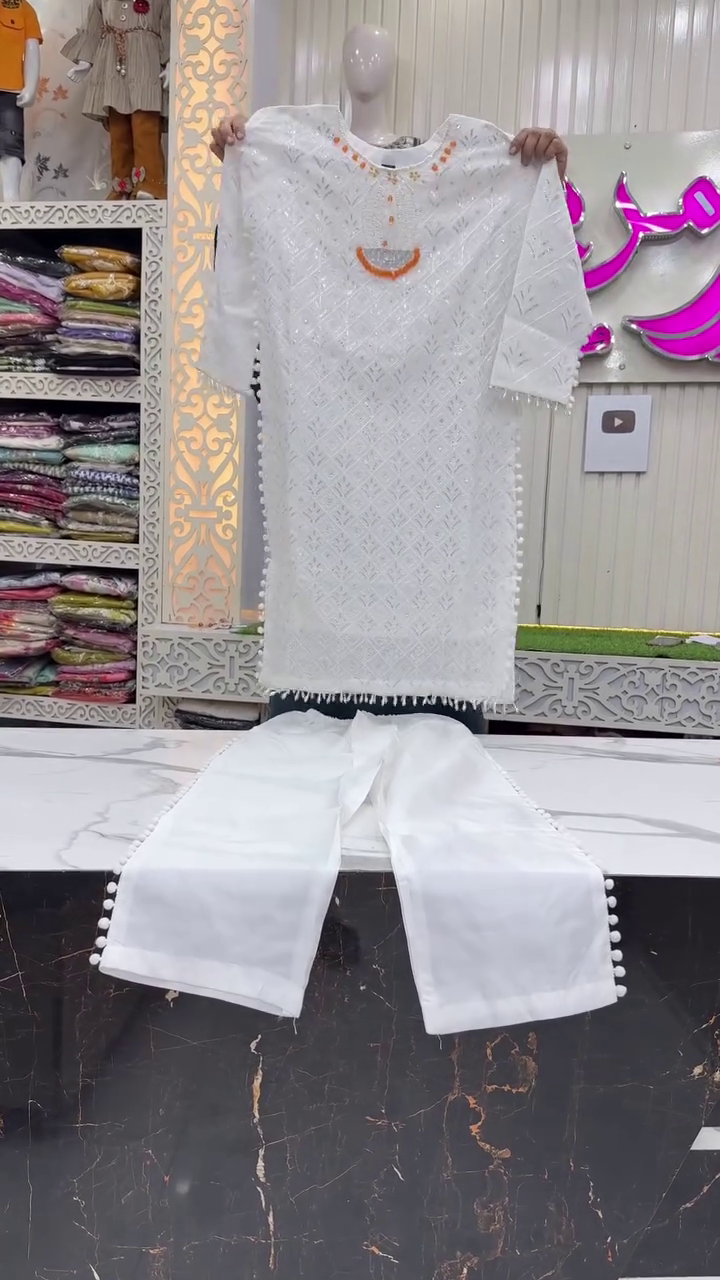 White Chikankari Embroidered Kurti And Trousers Set With Contrast Mustard-Yellow Dupatta 🤍💛✨