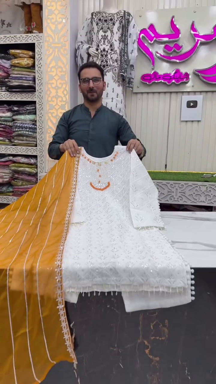 White Chikankari Embroidered Kurti And Trousers Set With Contrast Mustard-Yellow Dupatta 🤍💛✨