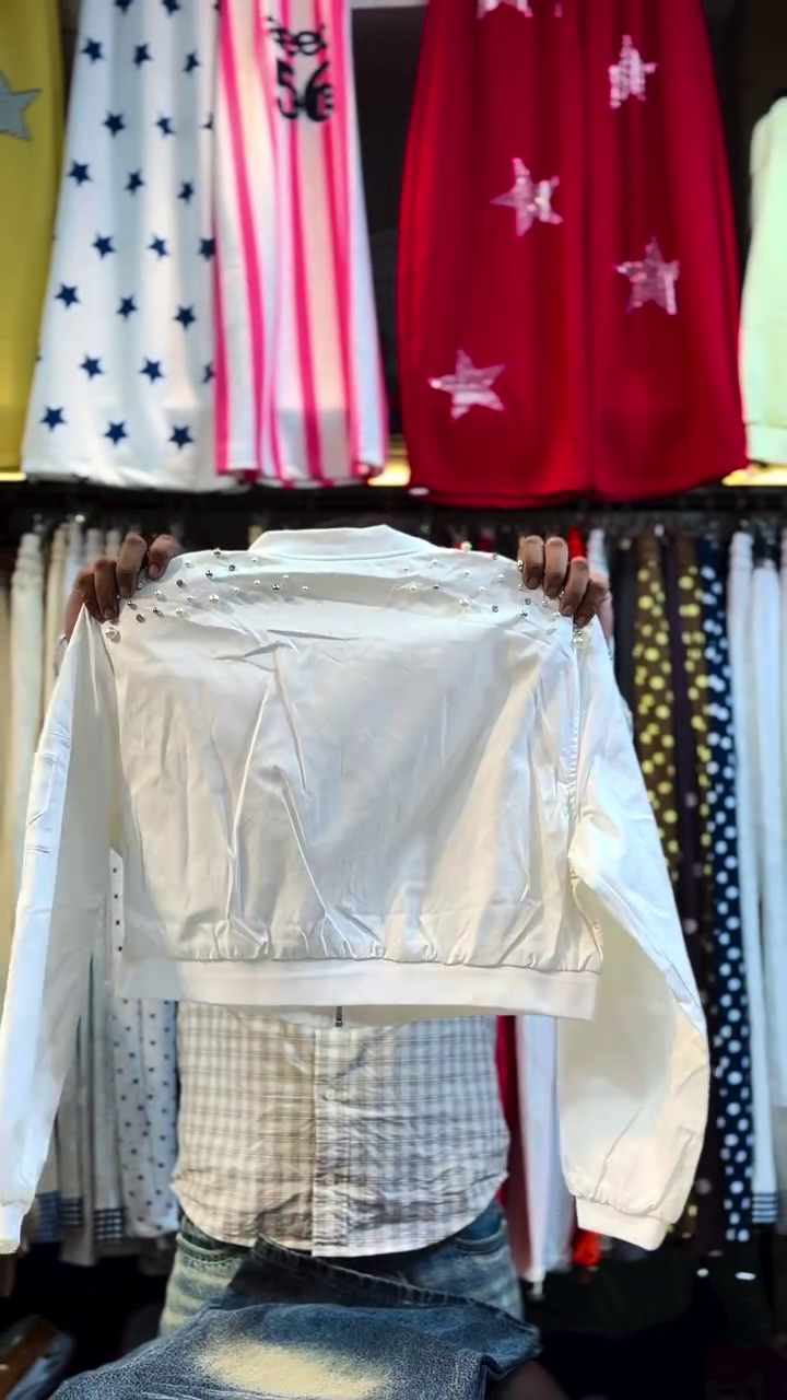 White Cropped Bomber Jacket With Pearl Embellishments And Front Pockets 🤍🧥✨