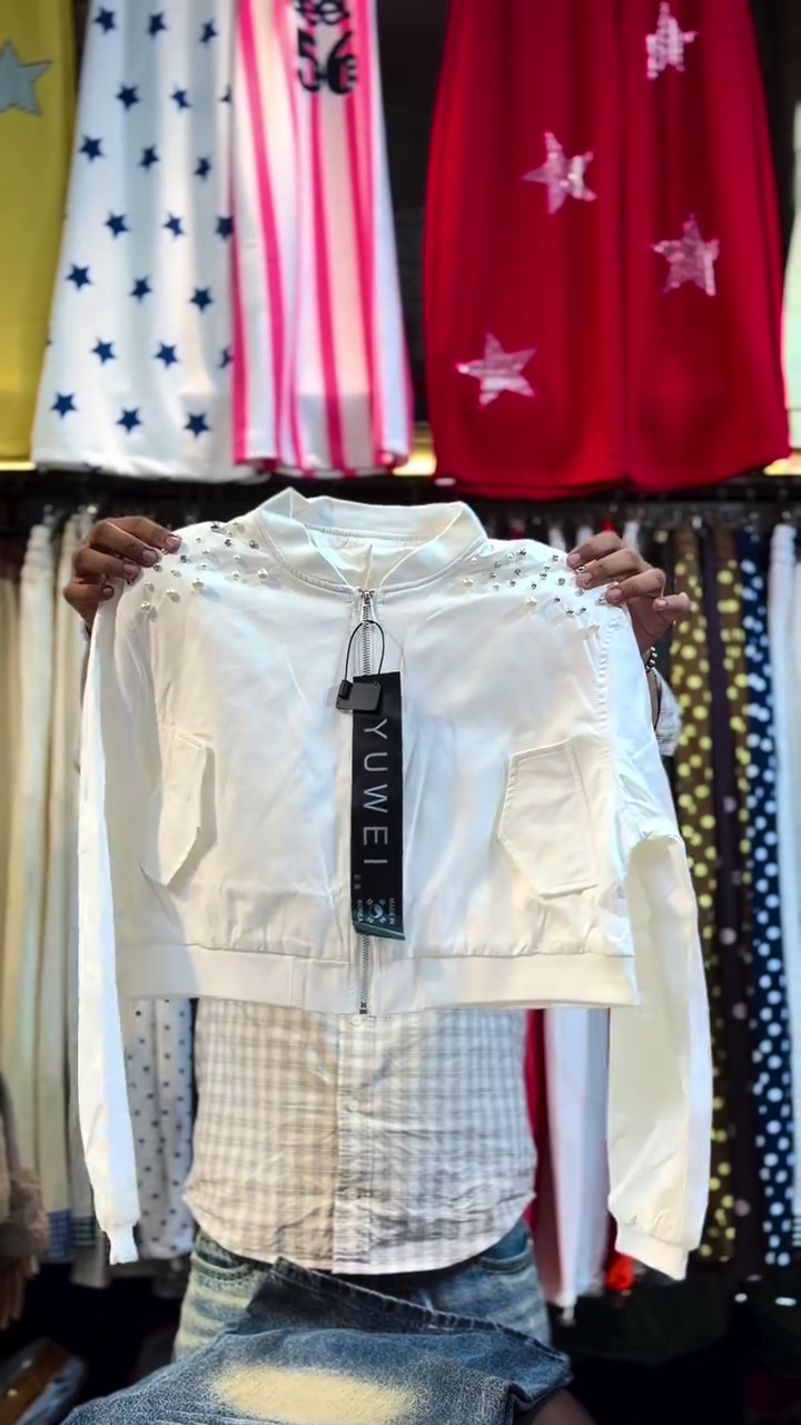 White Cropped Bomber Jacket With Pearl Embellishments And Front Pockets 🤍🧥✨