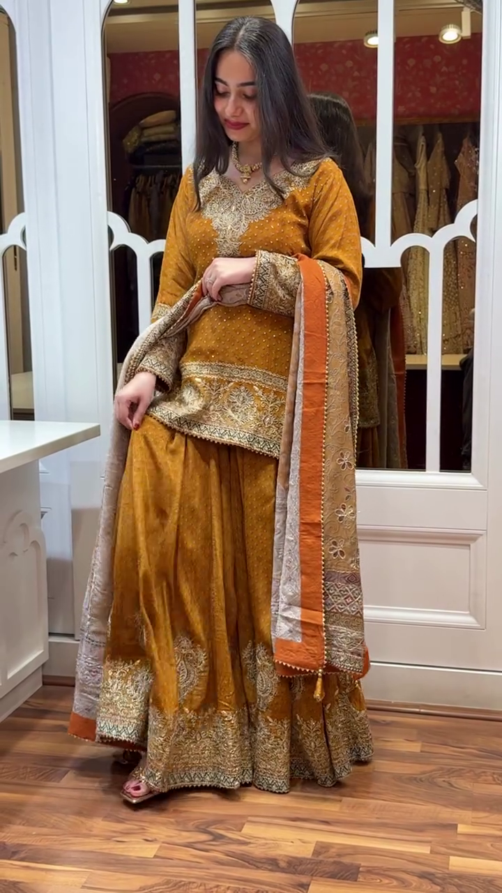 💛 Luxurious Mustard Yellow Embroidered Kurti with Matching Sharara and Ornate Dupatta