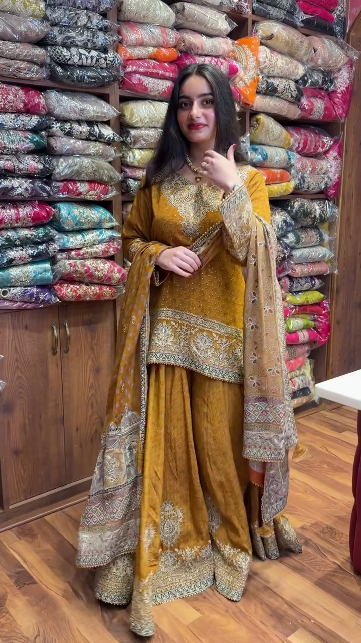 💛 Luxurious Mustard Yellow Embroidered Kurti with Matching Sharara and Ornate Dupatta