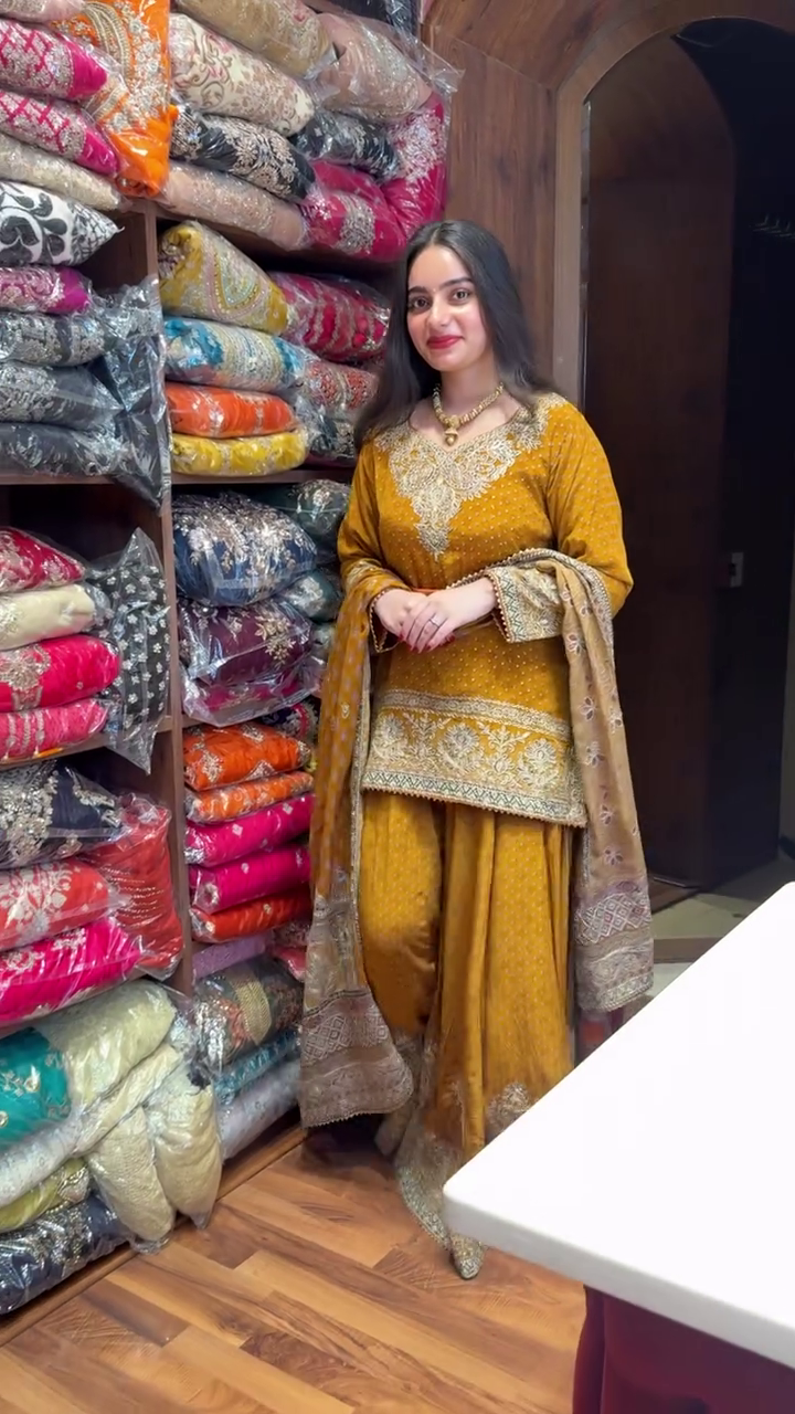 💛 Luxurious Mustard Yellow Embroidered Kurti with Matching Sharara and Ornate Dupatta