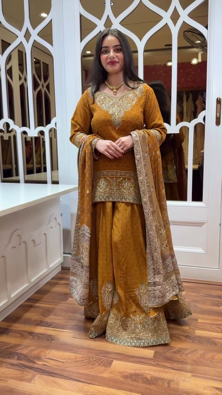 💛 Luxurious Mustard Yellow Embroidered Kurti with Matching Sharara and Ornate Dupatta