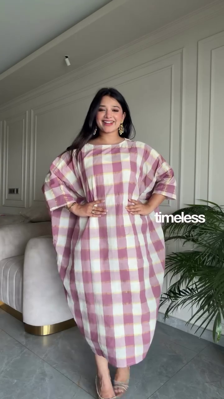 🤍 Graceful Ivory White Flared Kurti Set with Pink Checked Palazzos and Hem Details