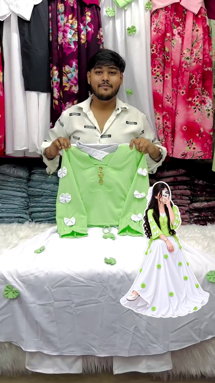 💚 Vibrant Green and White Bow-Embellished Ethnic Tunic with Flowing White Skirt