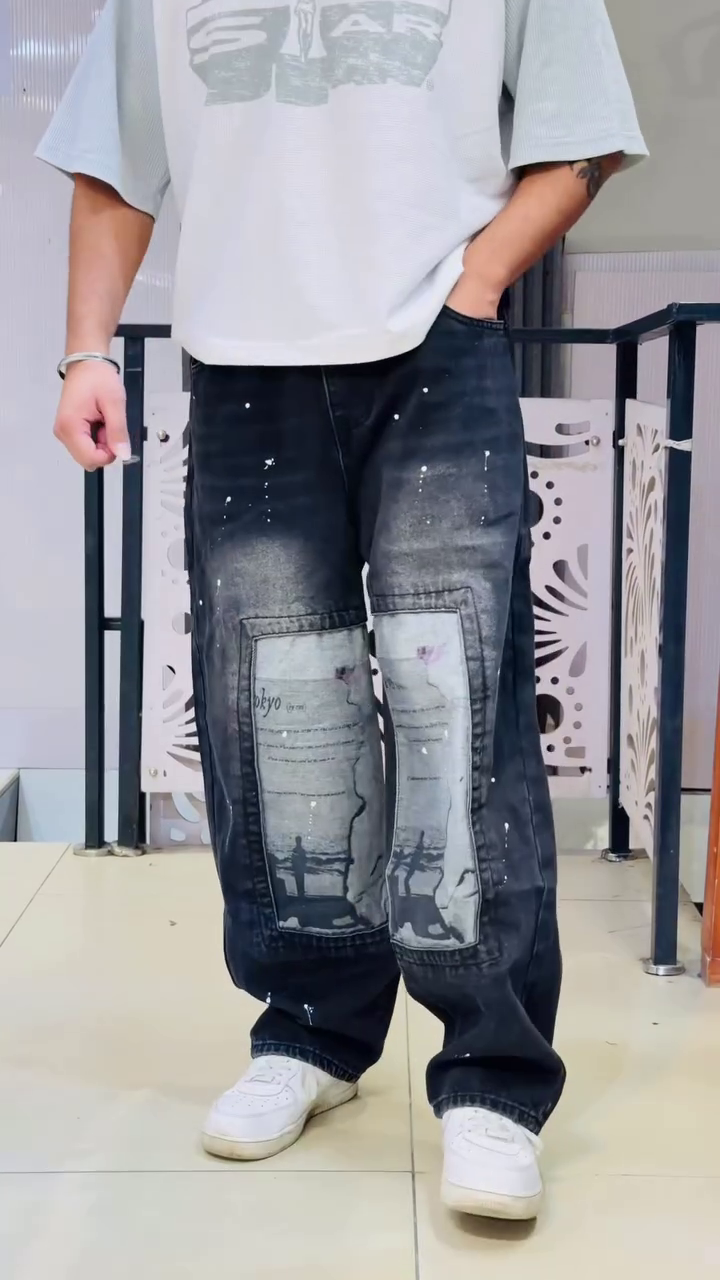 👖 Trendy Alphabet-Printed Patchwork Denim Jeans with Relaxed Fit✨