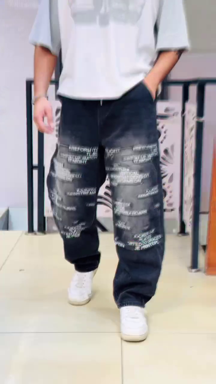 👖 Trendy Alphabet-Printed Patchwork Denim Jeans with Relaxed Fit✨