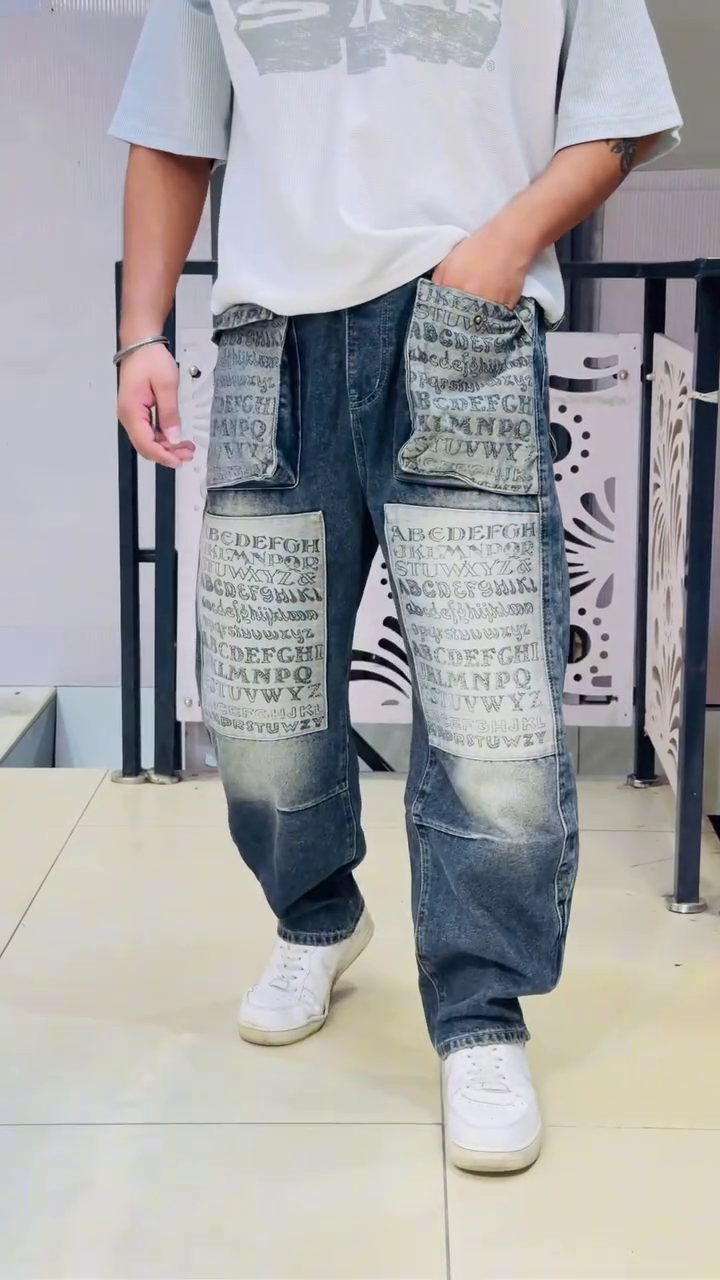 👖 Trendy Alphabet-Printed Patchwork Denim Jeans with Relaxed Fit✨