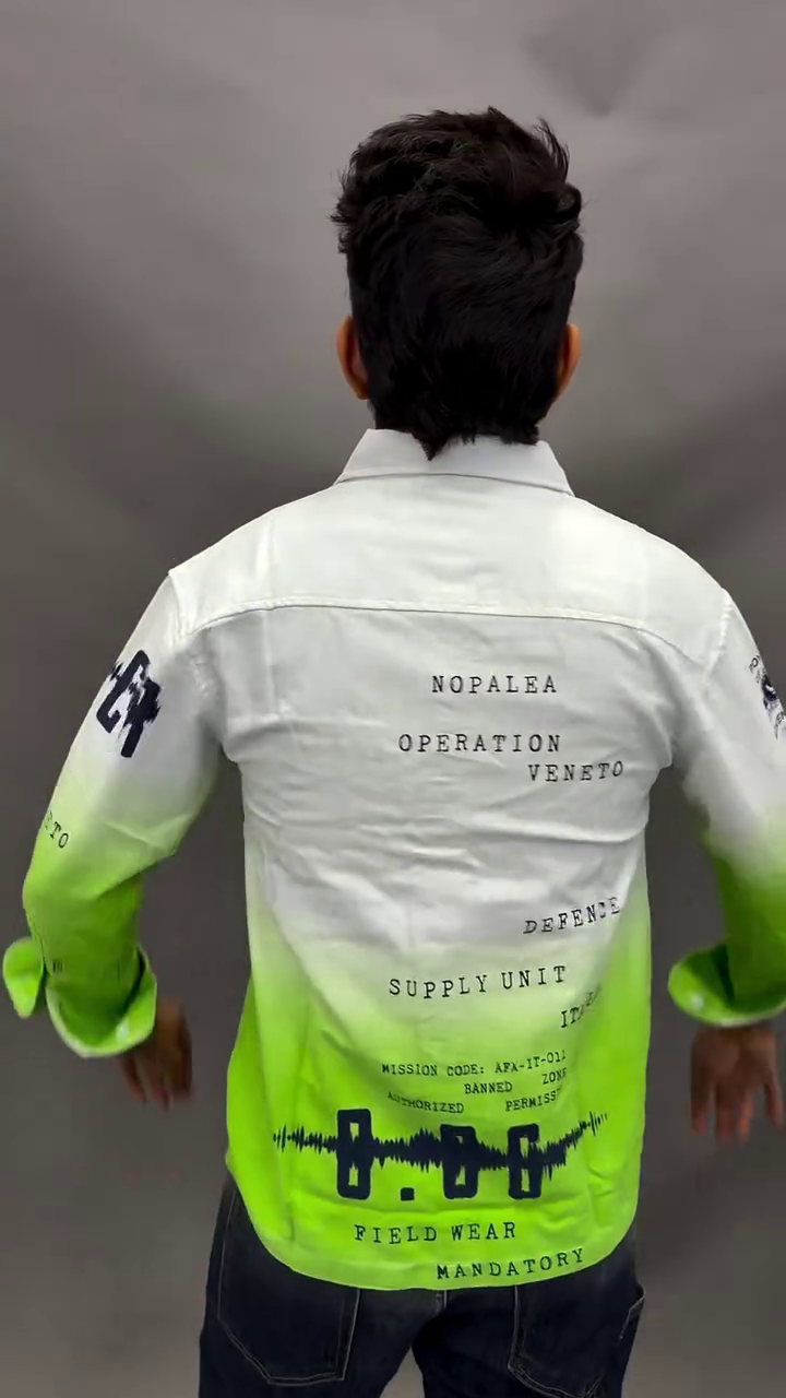 White and Neon Green Gradient Long-Sleeve Casual Shirt Featuring All-Over Typographic Print Motifs, Front Pocket, and Dark Denim Pants