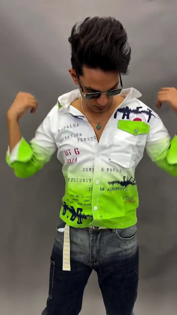 White and Neon Green Gradient Long-Sleeve Casual Shirt Featuring All-Over Typographic Print Motifs, Front Pocket, and Dark Denim Pants