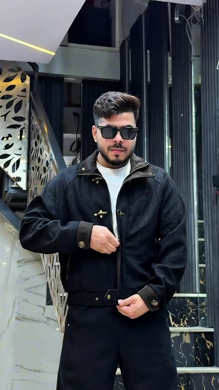 Men's Textured Brown Fothergill-Style Bomber Jacket Featuring Stand Collar, Toggle Hardware Fastenings, and Sleek Cuffs