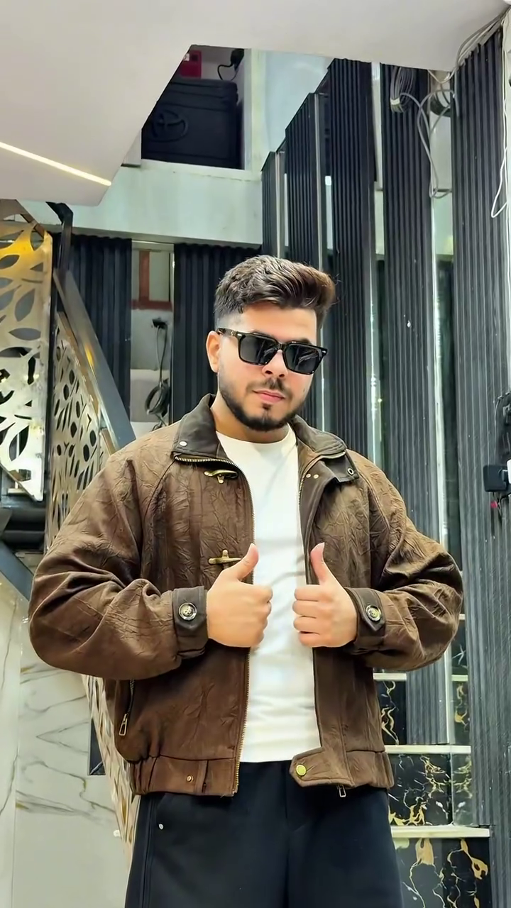 Men's Textured Brown Fothergill-Style Bomber Jacket Featuring Stand Collar, Toggle Hardware Fastenings, and Sleek Cuffs