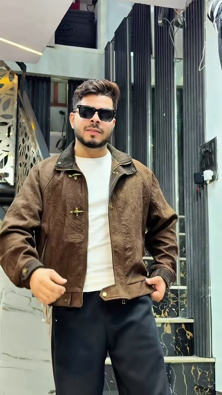 Men's Textured Brown Fothergill-Style Bomber Jacket Featuring Stand Collar, Toggle Hardware Fastenings, and Sleek Cuffs