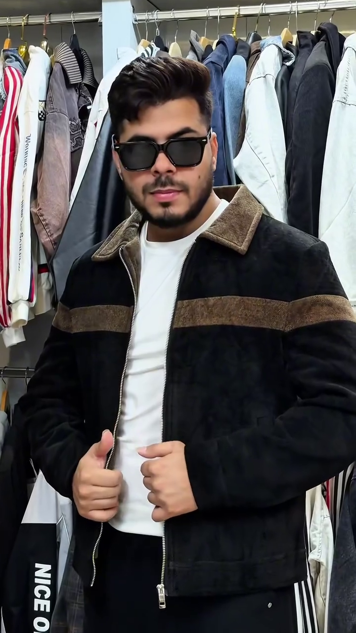 Men's Black Textured Casual Zip-Up Jacket Featuring Contrast Brown Chest Striping, Ribbed Collar, and Front Zipper Closure
